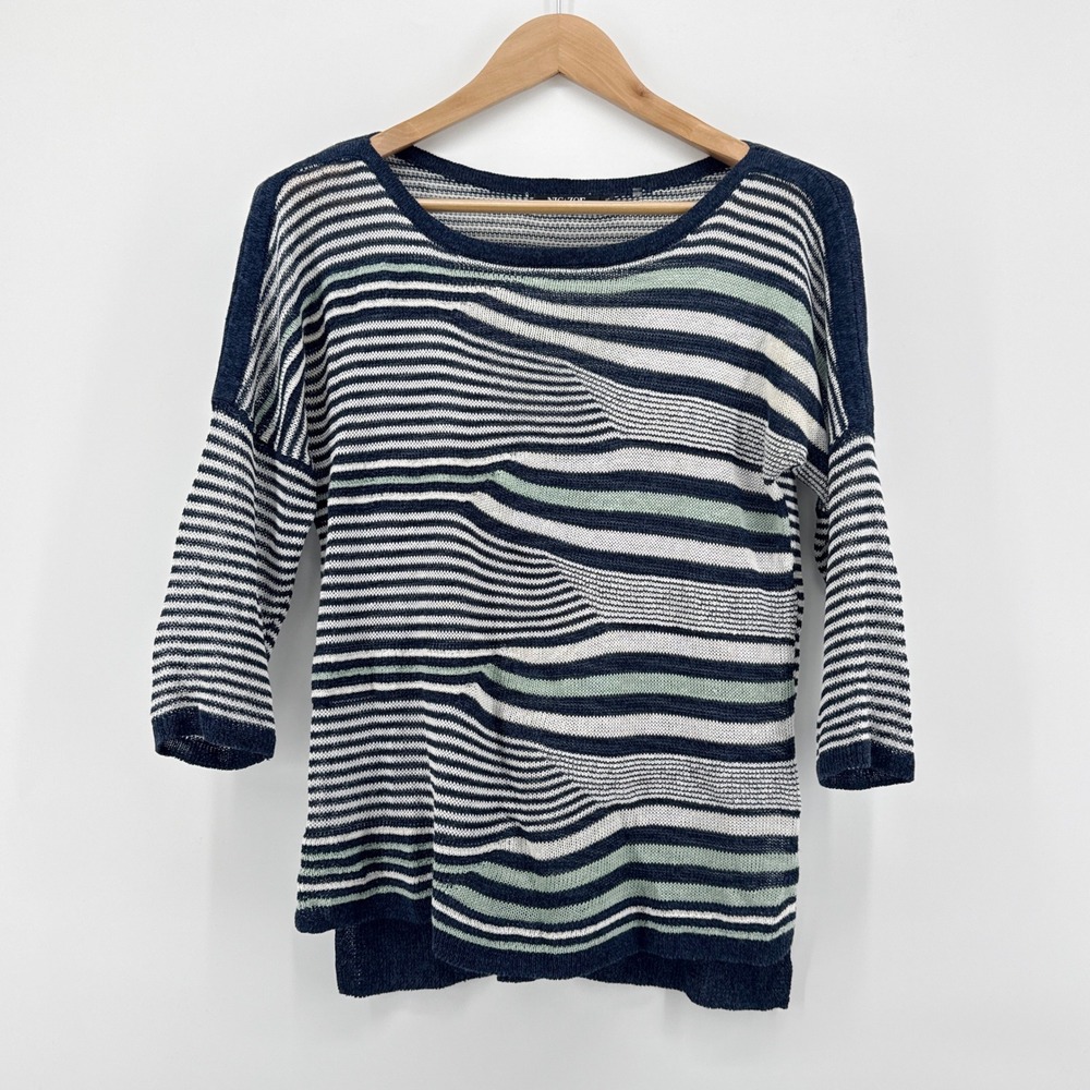 NIC+ZOE Petite Small Linen Blend Striped Open Knit Sweater Navy Blue PS
